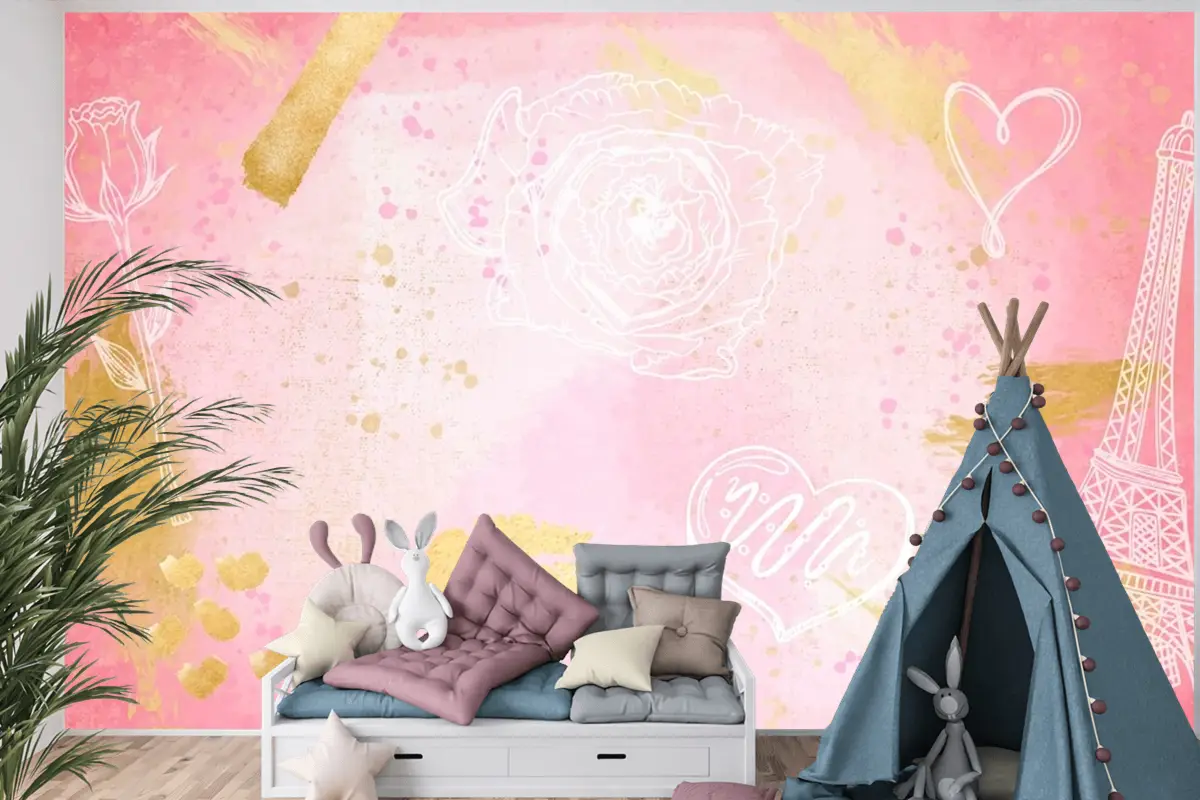 Elle Çizilmiş Öğeler Çocuk Odası Duvar Kağıdı  Ile Suluboya Arka Plan