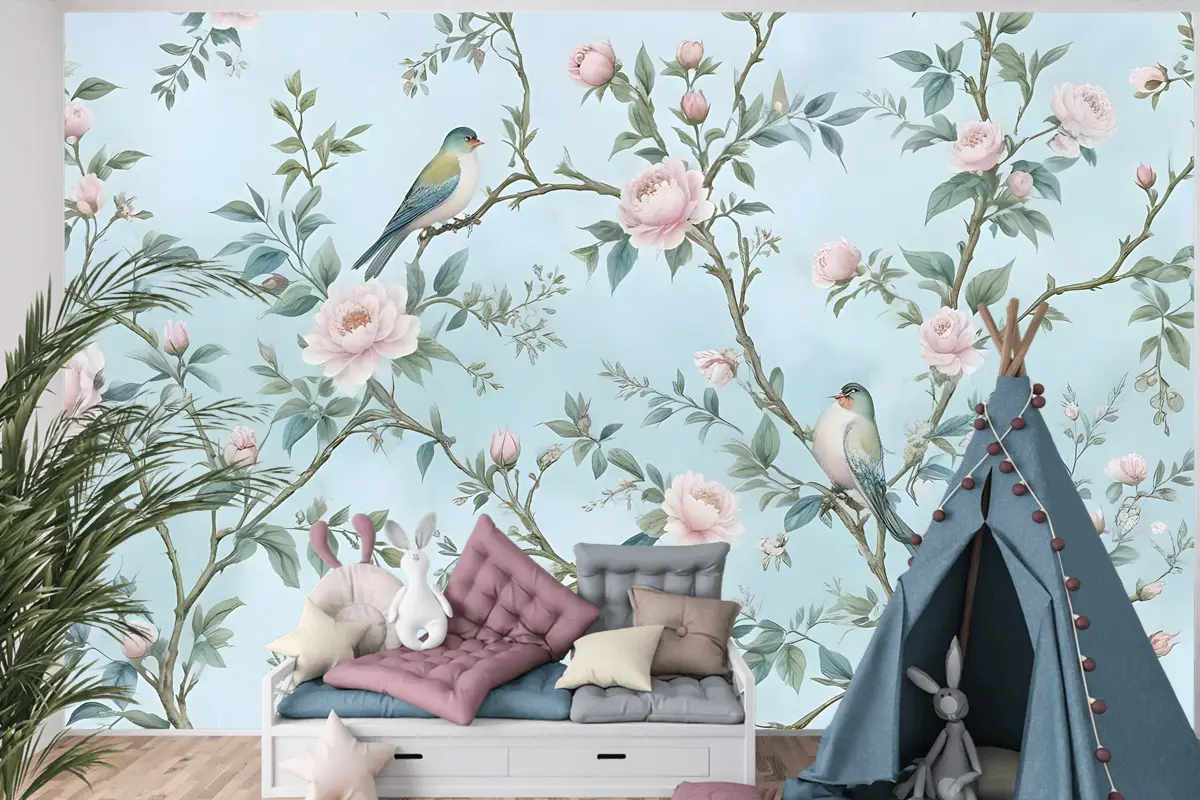 Suluboya Çin Sanatı Çiçek Şakayık Çiçeği Çocuk Odası Duvar Kağıdı