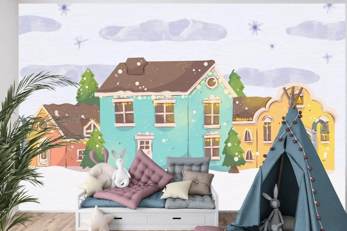 Suluboya Noel Kasabası Çocuk Odası Duvar Kağıdı