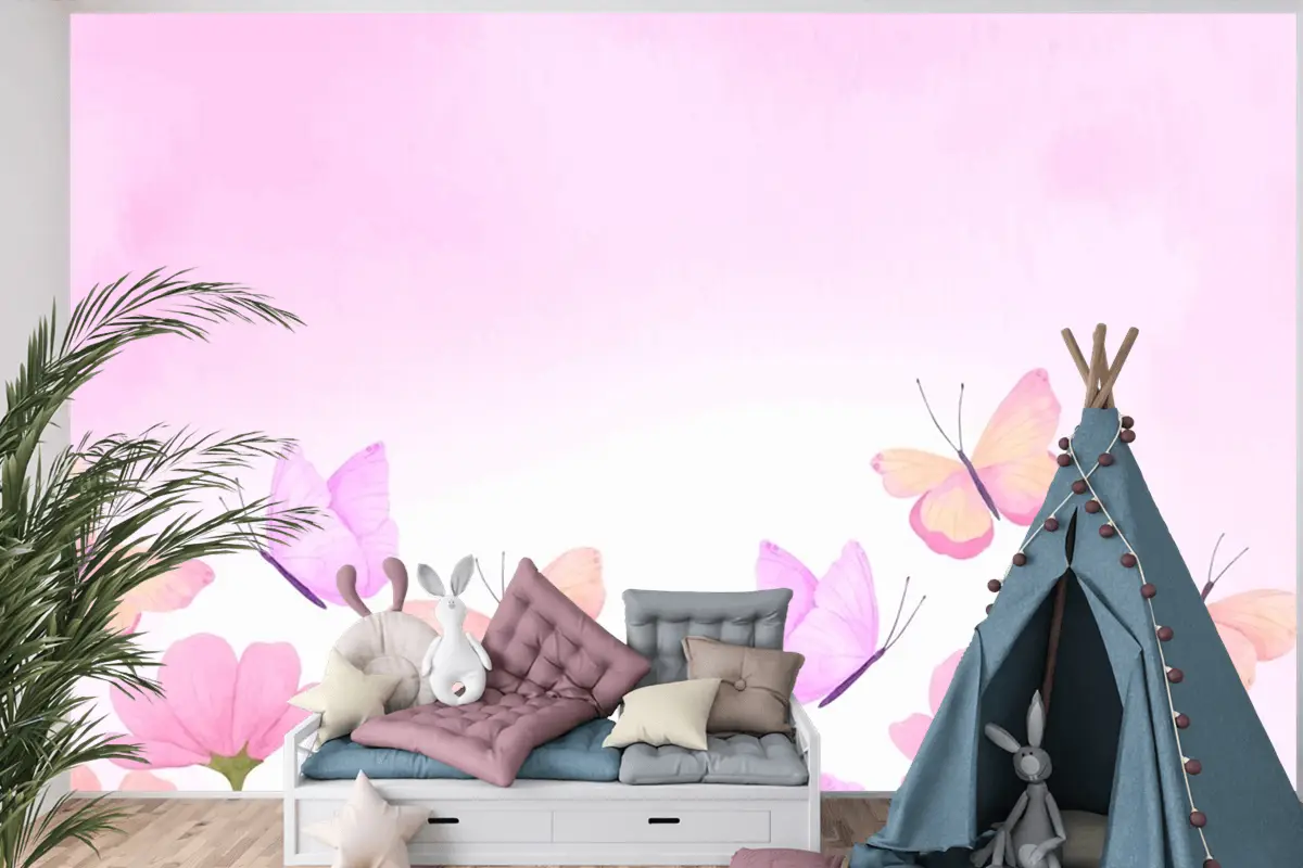 Suluboya Renkli Kelebek Arka Plan Çocuklar Çocuk Odası Duvar Kağıdı Duvar