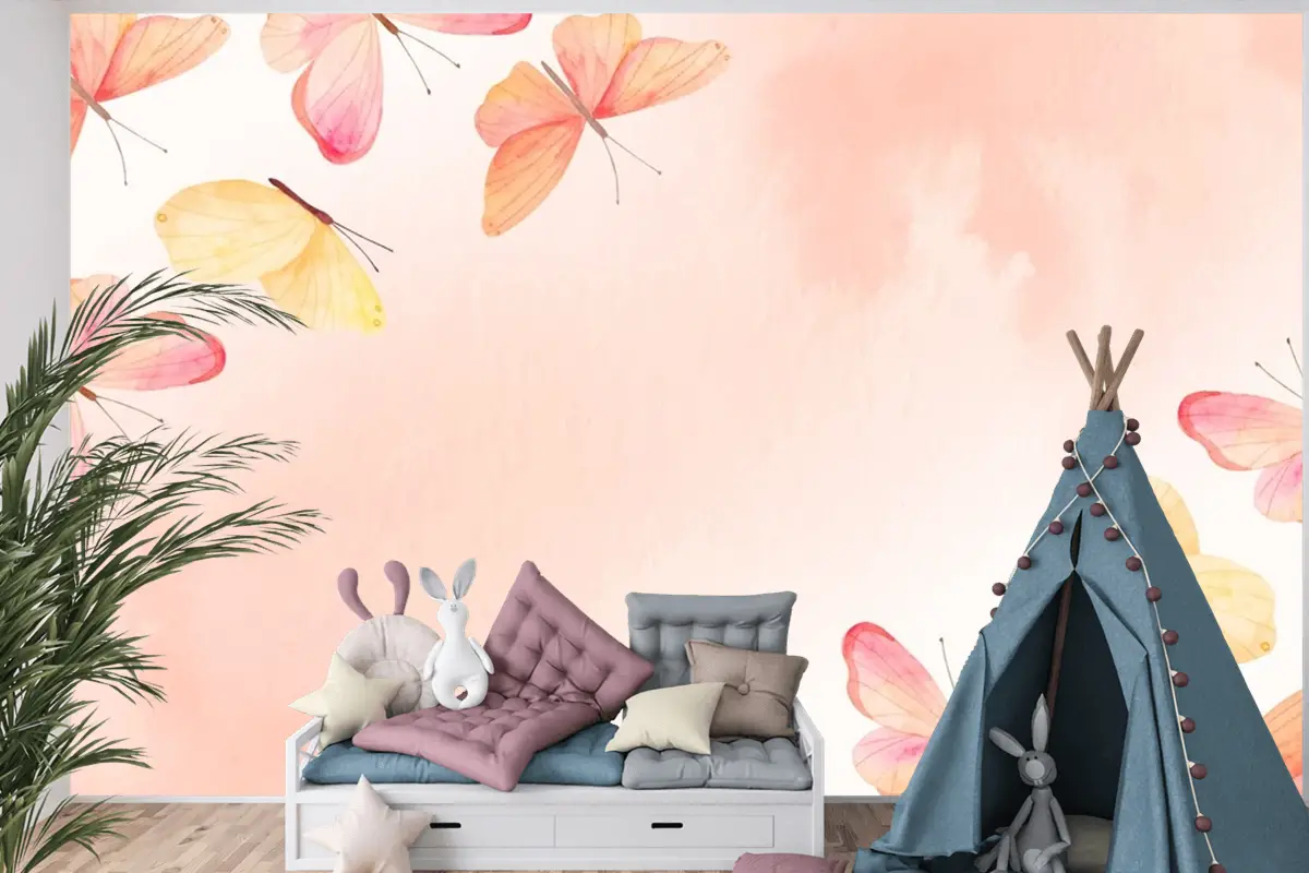 Suluboya Renkli Kelebek Arka Plan Çocuk Çocuk Odası Duvar Kağıdı Duvar