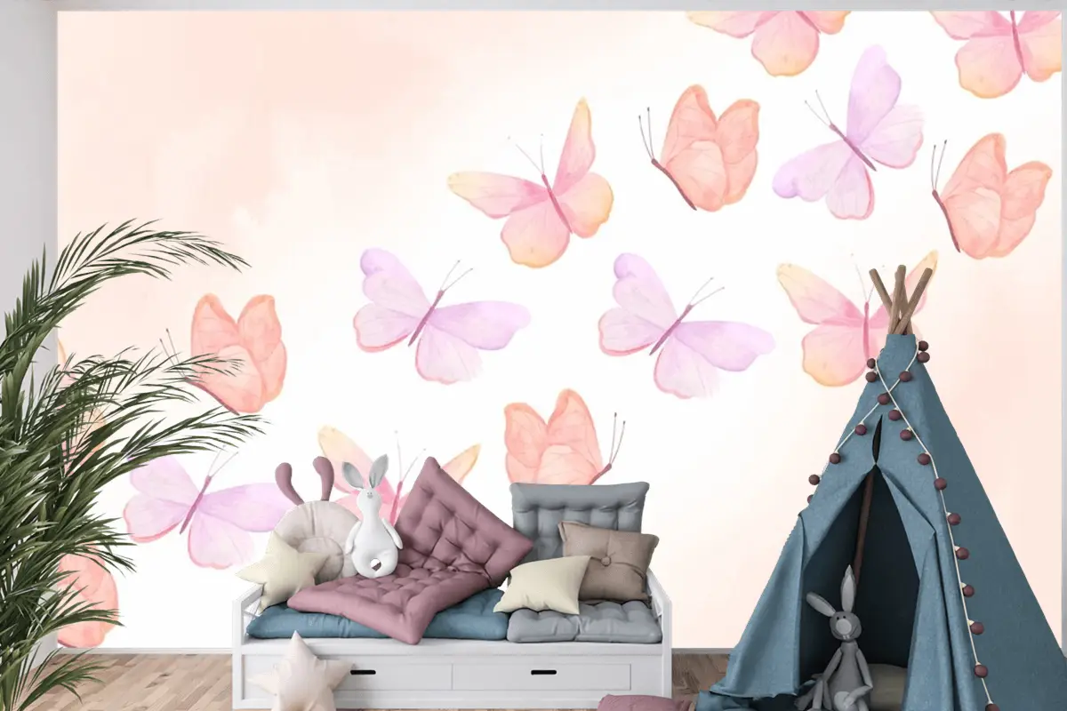 Suluboya Renkli Kelebek Arka Plan Çocuk Odası Duvar Kağıdı 