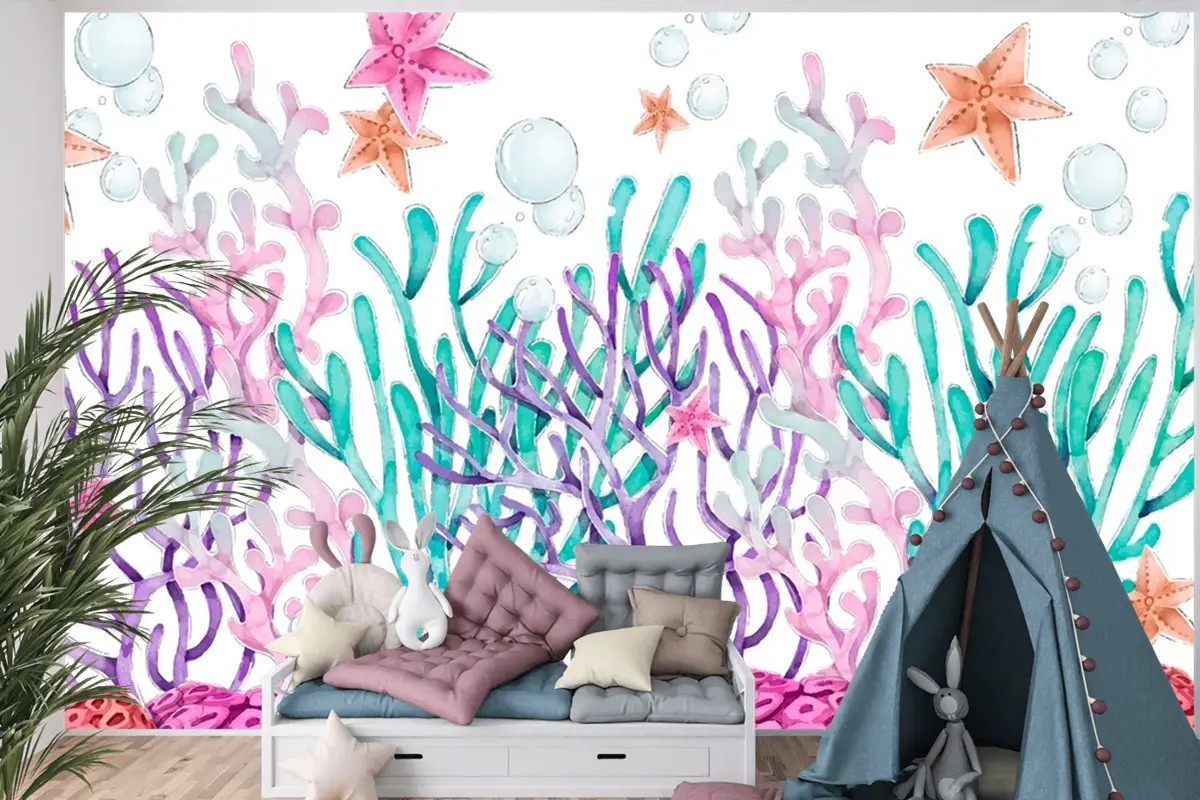 Suluboya Renkli Mercan Arka Plan Çocuk Odası Duvar Kağıdı 