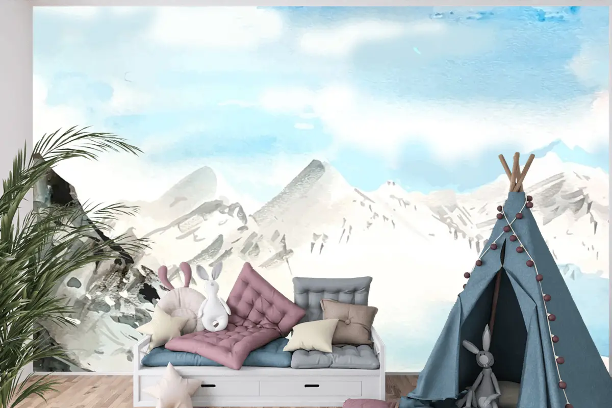 Suluboya Gündüz Dağları Arka Plan Çocuk Odası Duvar Kağıdı 