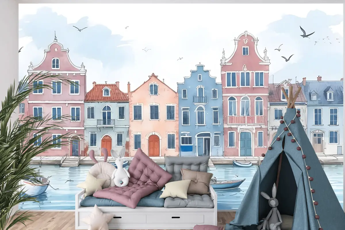 Çocuklar Için Suluboya Hollandalı Evler Çocuk Odası Duvar Kağıdı