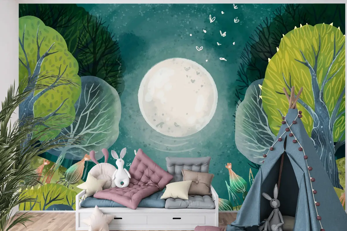Suluboya Büyülü Orman Çocuk Odası Duvar Kağıdı 