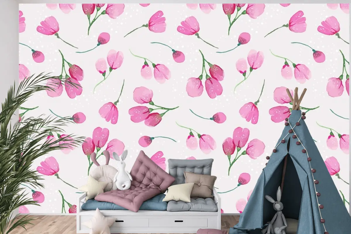 Suluboya Çiçek Desenli Tasarım Çocuk Odası Duvar Kağıdı 