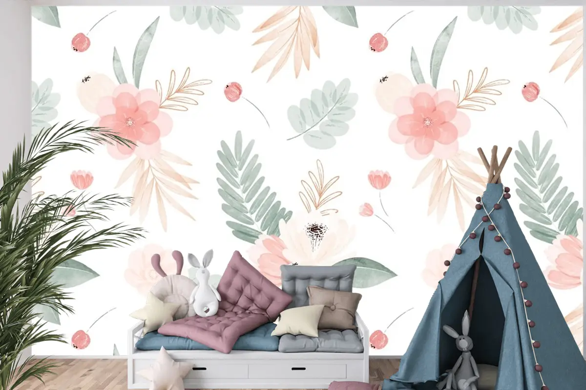 Suluboya Çiçek Çizim Arka Plan Çocuk Odası Duvar Kağıdı
