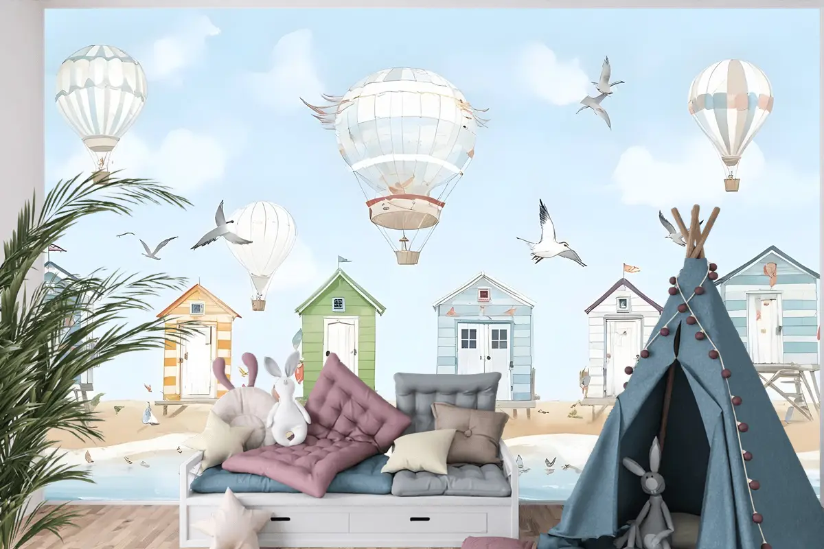 Sıcak Hava Balonlu Suluboya Çocuk Plaj Evi