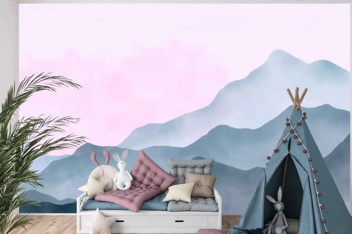 Pembe Gökyüzü Çocuk Odası Duvar Kağıdı  Ile Suluboya Dağlar Arka Plan