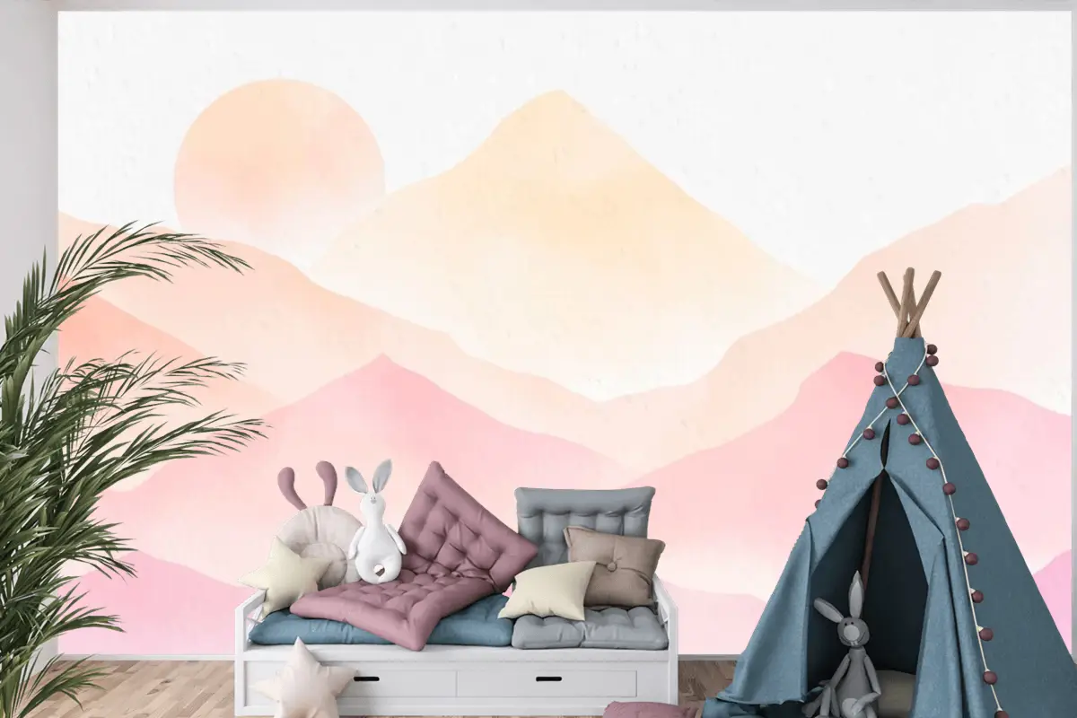 Suluboya Dağları Pembe Arka Plan Çocuk Odası Duvar Kağıdı 
