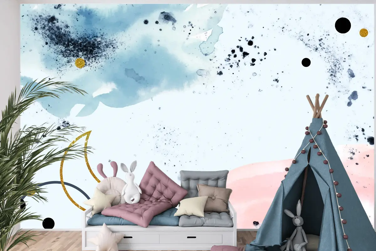 Altın Elementli Suluboya Boyalı Arka Plan Çocuk Odası Duvar Kağıdı