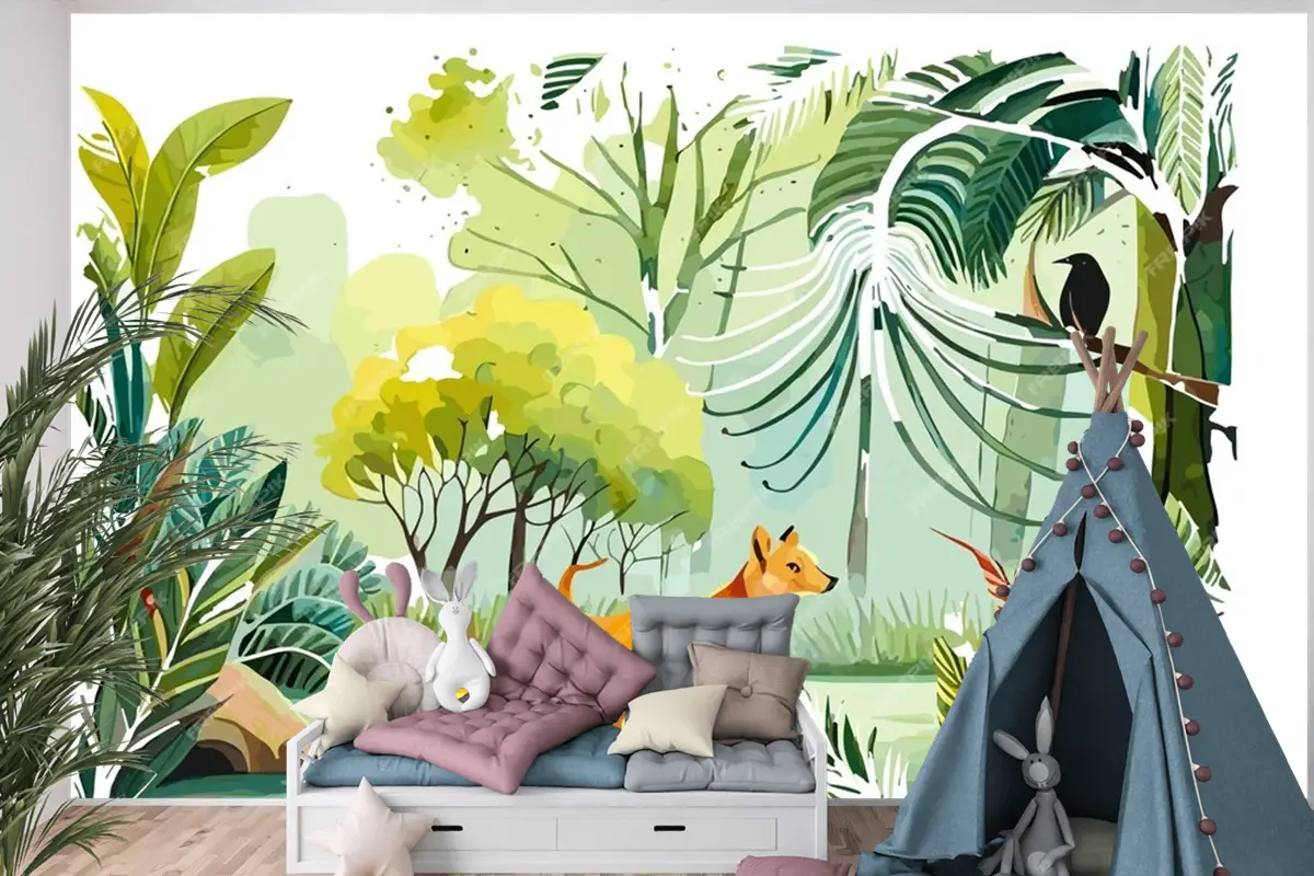 Ormanda Bir Köpek Ve Bir Kuşun Suluboya Resim Çocuk Odası Duvar Kağıdı