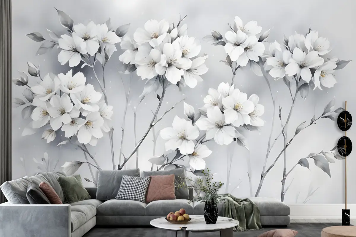 Suluboya Resim Beyaz Çiçekler Duvar Kağıdı 