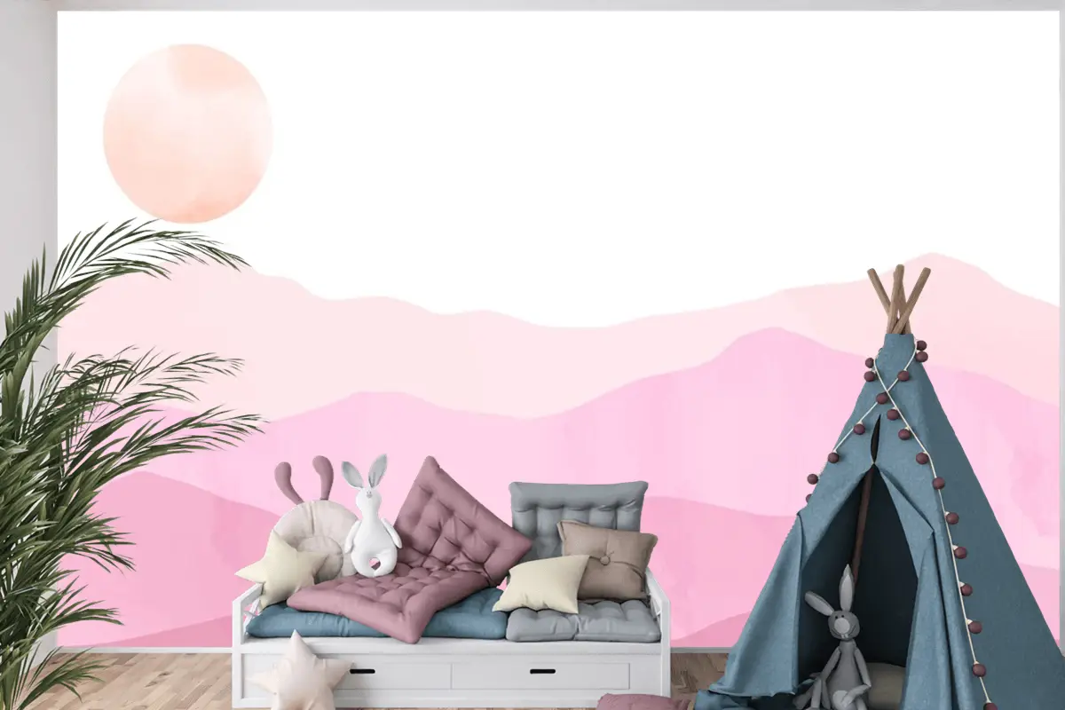 Suluboya Pastel Dağlar Arka Plan Çocuk Odası Duvar Kağıdı 