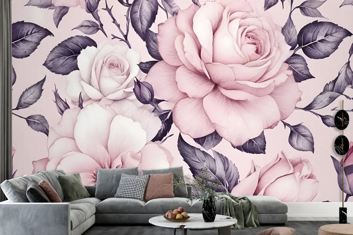 Suluboya Pembe Çiçek Desenli Duvar Kağıdı