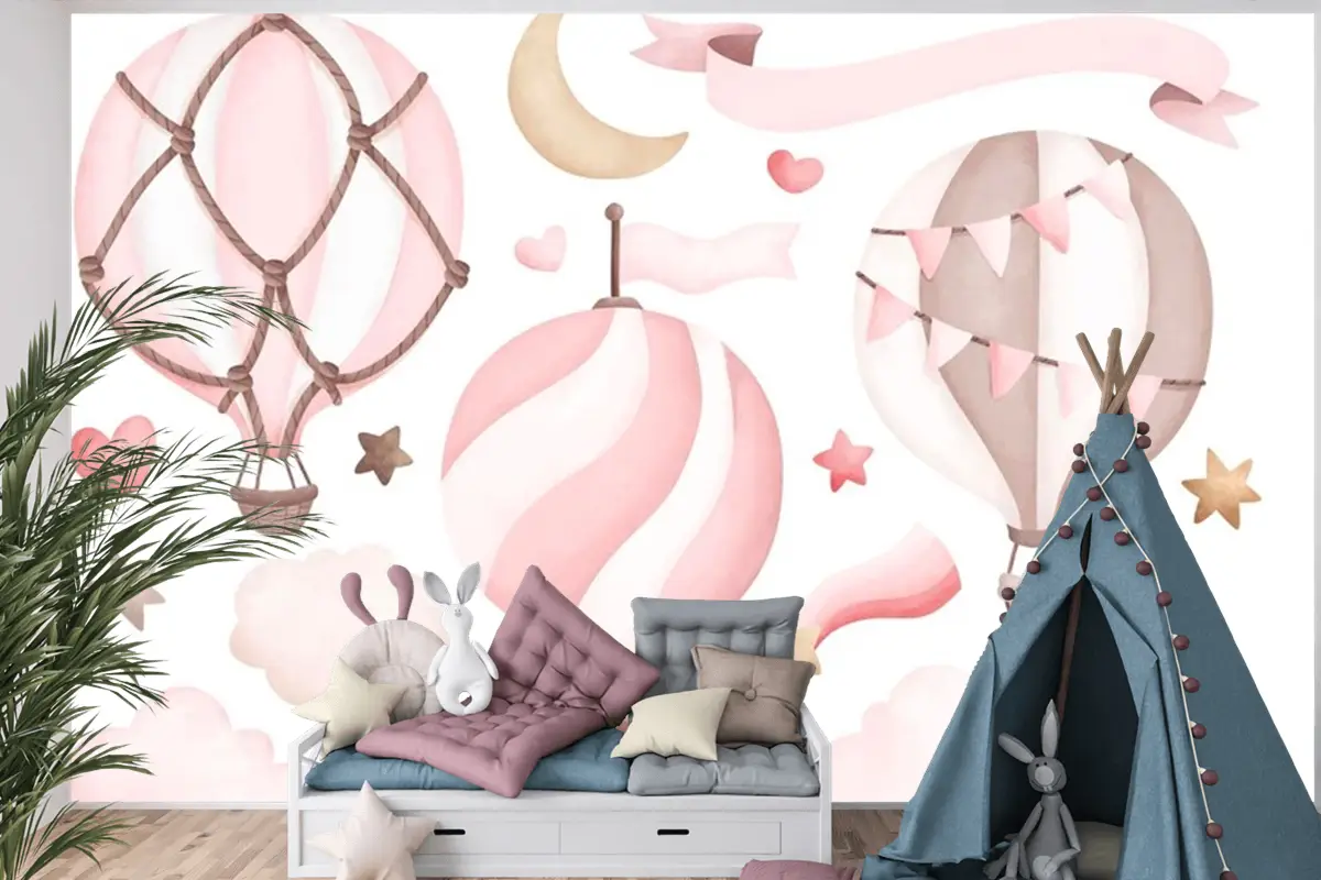 Suluboya Pembe Sıcak Hava Balonu Çocuk Odası Duvar Kağıdı 