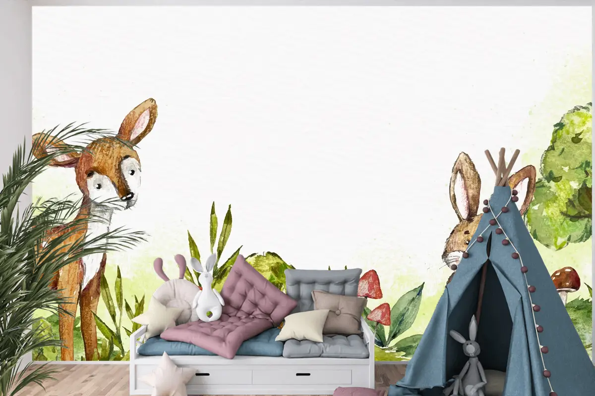 Suluboya Tavşan Ve Ormanda Geyik Çocuk Odası Duvar Kağıdı