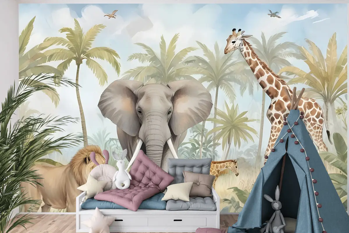 Ormandaki Suluboya Safari Hayvanları Çocuk Odası Duvar Kağıdı 