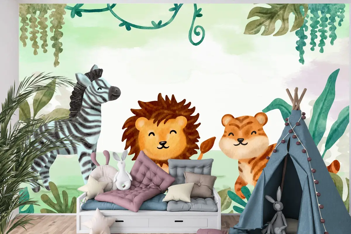 Suluboya Safari Arka Plan Boys Çocuk Odası Duvar Kağıdı 
