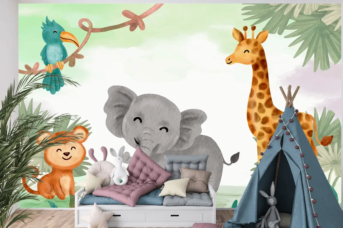 Suluboya Safari Arka Plan Çocuk Odası Duvar Kağıdı 