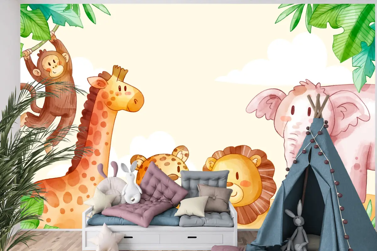 Suluboya Safari Arka Plan Çocuk Odası Duvar Kağıdı 