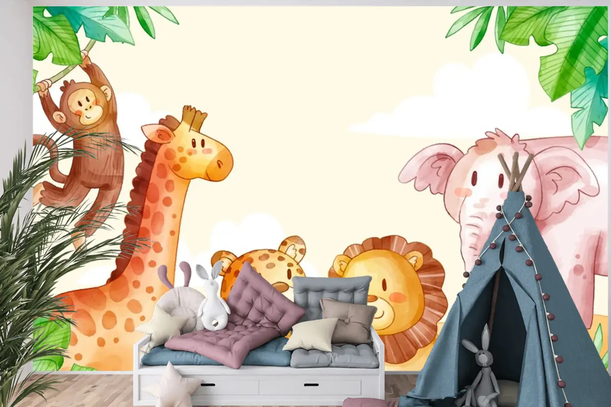 Suluboya Safari Arka Plan Çocuk Odası Duvar Kağıdı 
