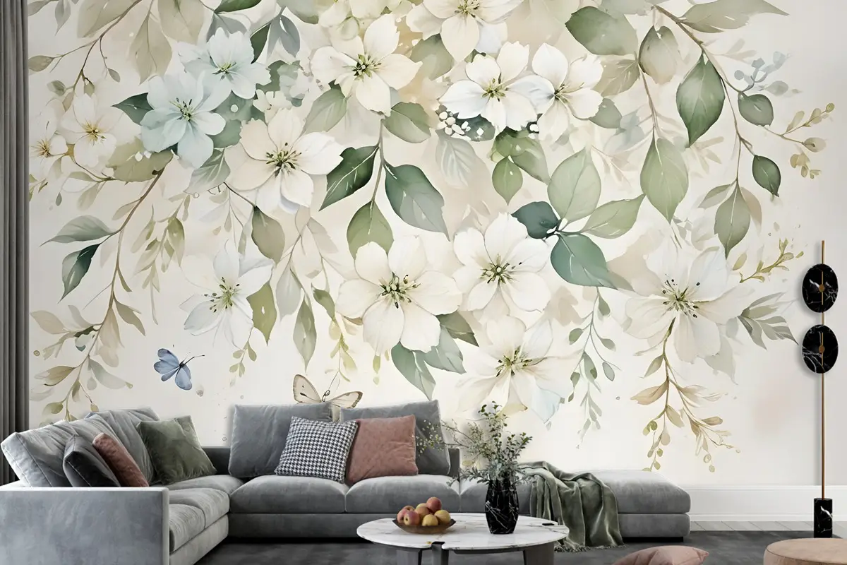  Yeşil Yapraklı Suluboya Yumuşak Çiçek