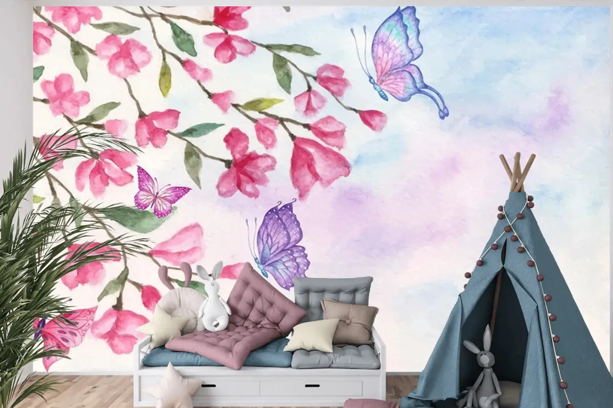 Güzel Kelebekler Çocuk Odası Duvar Kağıdı Ile Suluboya Bahar Manzara Arka Plan