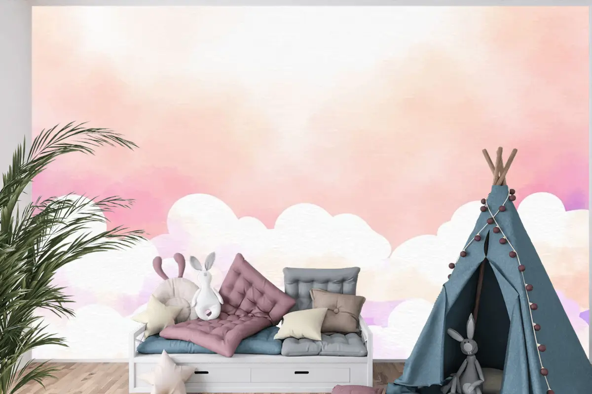 Suluboya Şeker Pamuk Bulutlar Arka Plan Çocuk Odası Duvar Kağıdı
