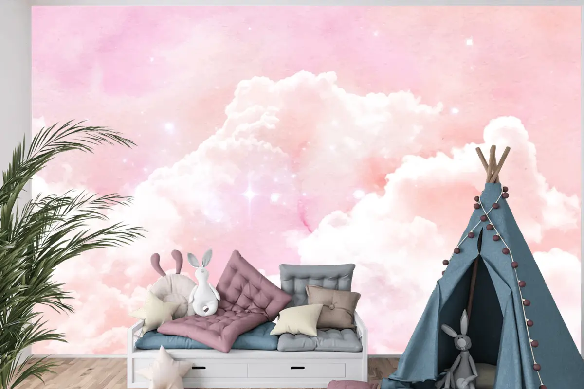 Suluboya Şeker Pamuk Bulutlar Arka Plan Çocuk Odası Duvar Kağıdı 