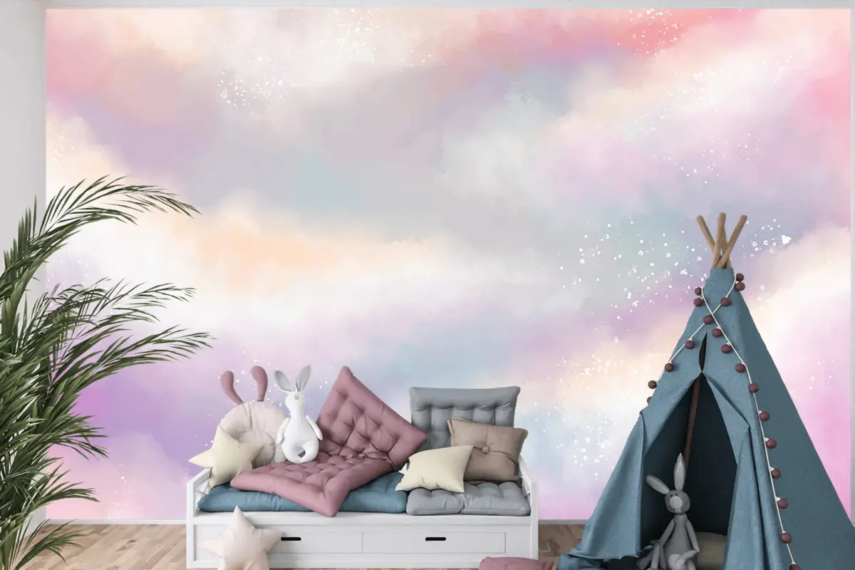 Suluboya Şeker Pamuk Bulutlar Çocuk Odası Duvar Kağıdı