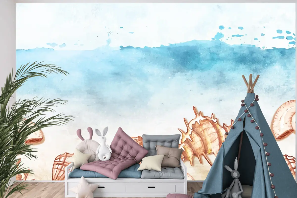 Kabuklu Suluboya Yaz Arkaplanı Çocuk Odası Duvar Kağıdı