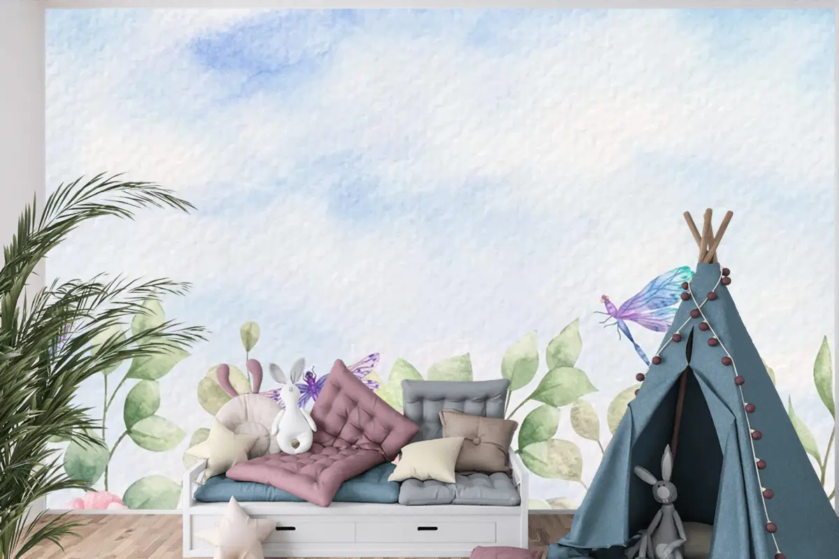 Suluboya Yabani Yapraklar Yusufçuk Çocuk Odası Duvar Kağıdı Ile Manzara Arka Plan