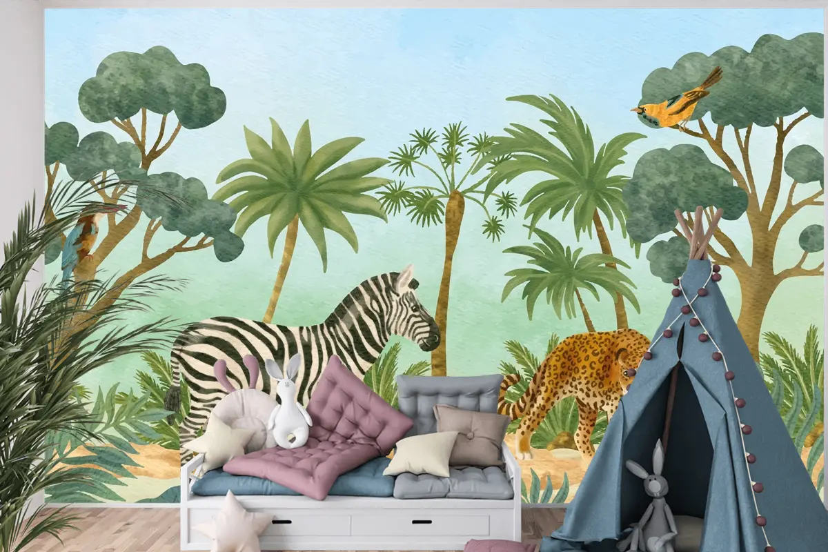 Suluboya Yaban Hayatı Arka Plan Çocuk Çocuk Odası Duvar Kağıdı 