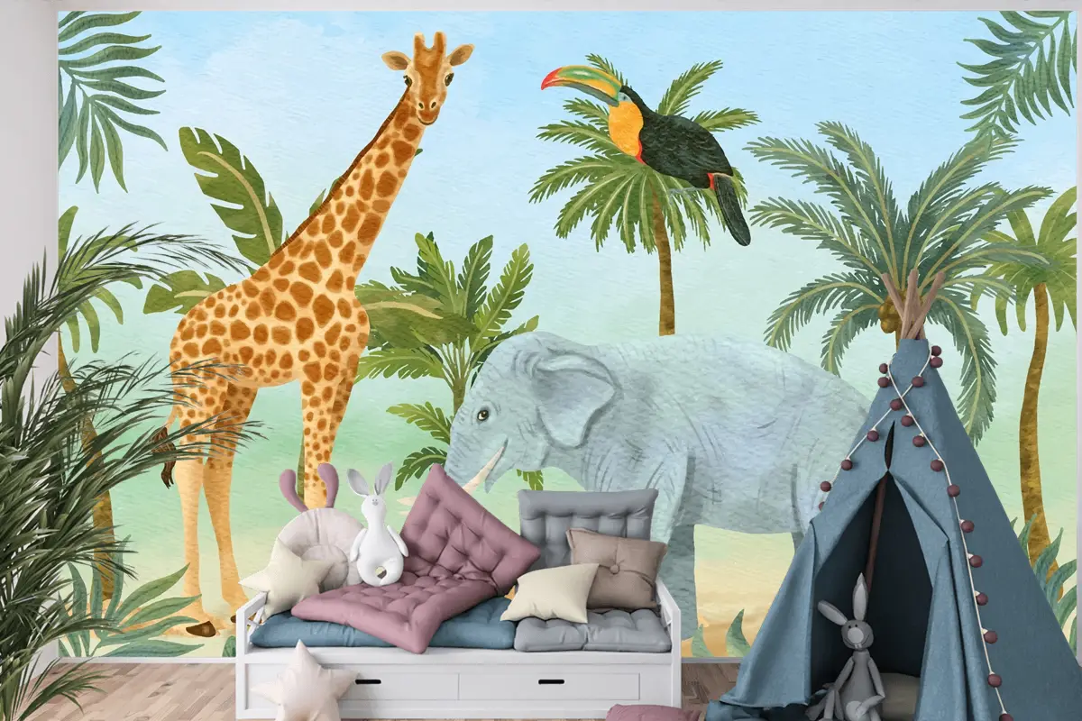 Suluboya Yaban Hayatı Arka Plan Çocuk Boys Çocuk Odası Duvar Kağıdı