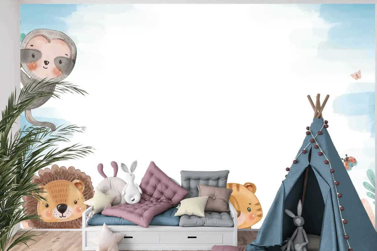 Suluboya Yaban Hayatı Arka Plan Çocuk Odası Duvar Kağıdı 