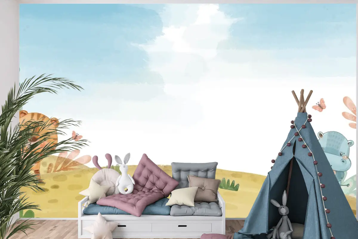 Suluboya Yaban Hayatı Arka Plan Çocuk Odası Duvar Kağıdı 