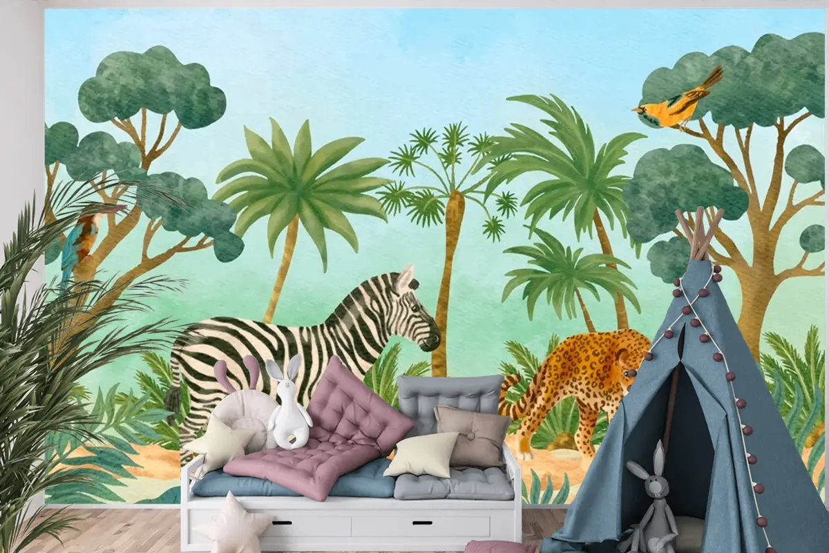 Suluboya Yaban Hayatı Arka Plan Çocuk Odası Duvar Kağıdı 
