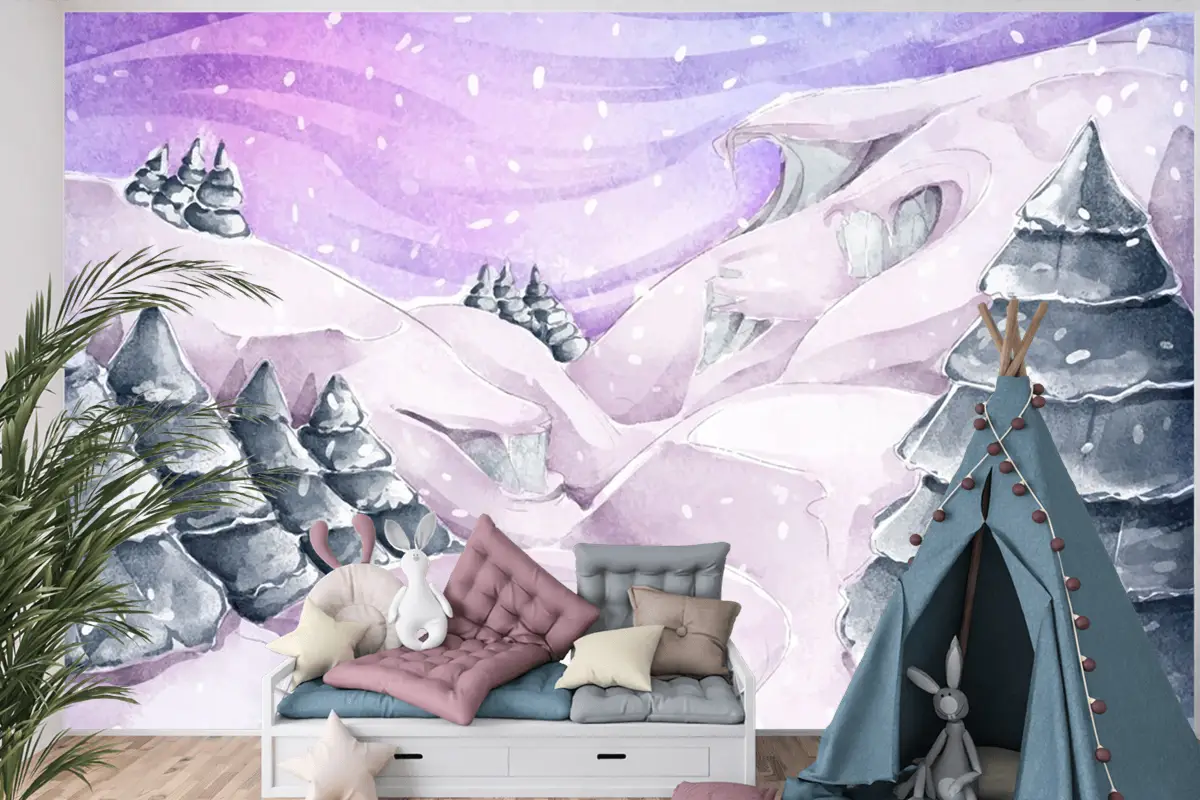 Çam Ağaçları Ile Suluboya Kış Manzarası Çocuk Odası Duvar Kağıdı