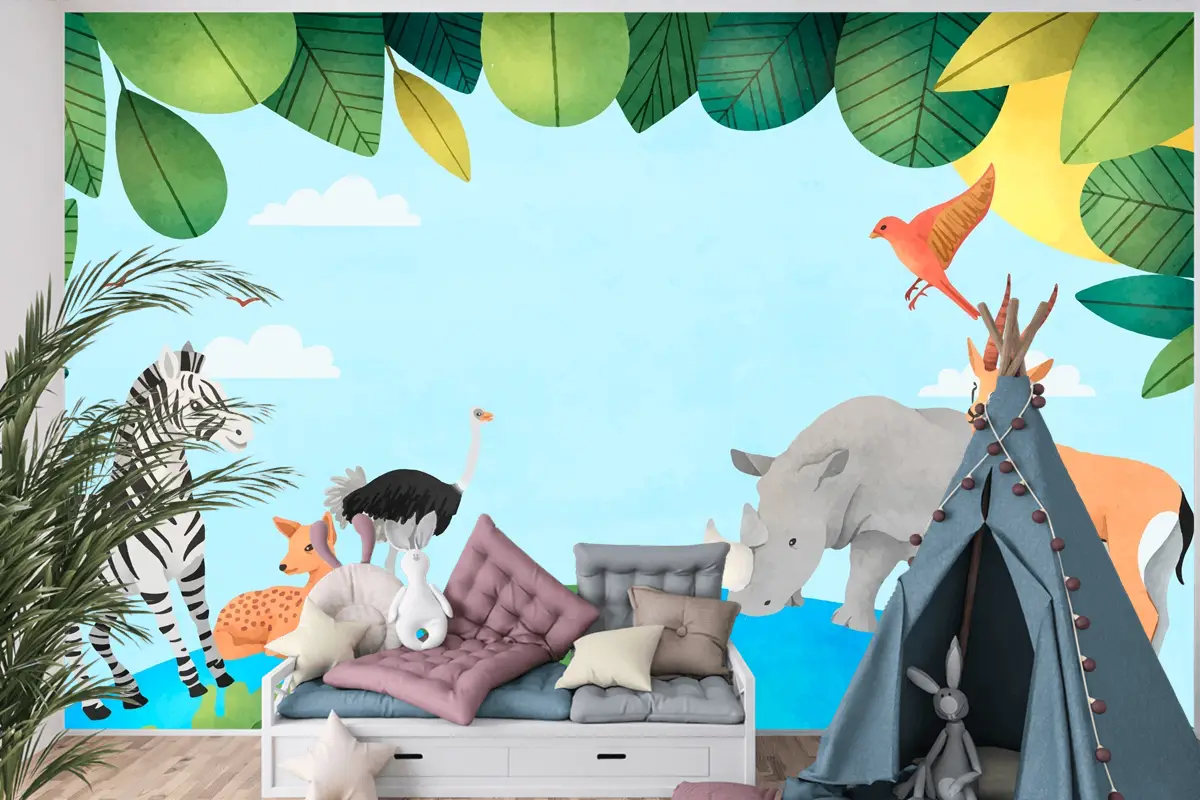 Suluboya Dünya Hayvan Günü Arka Plan Çocuk Odası Duvar Kağıdı 