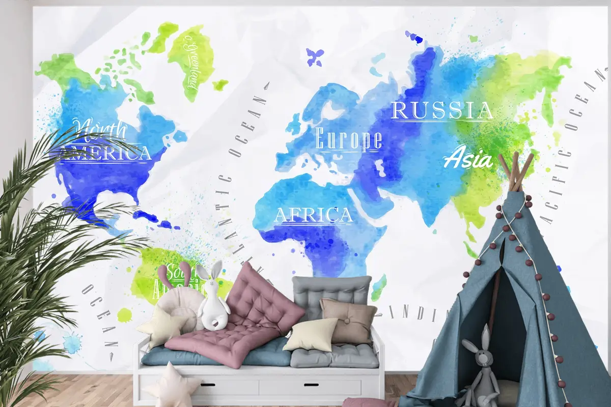 Suluboya Dünya Haritası Çocuk Odası Duvar Kağıdı 