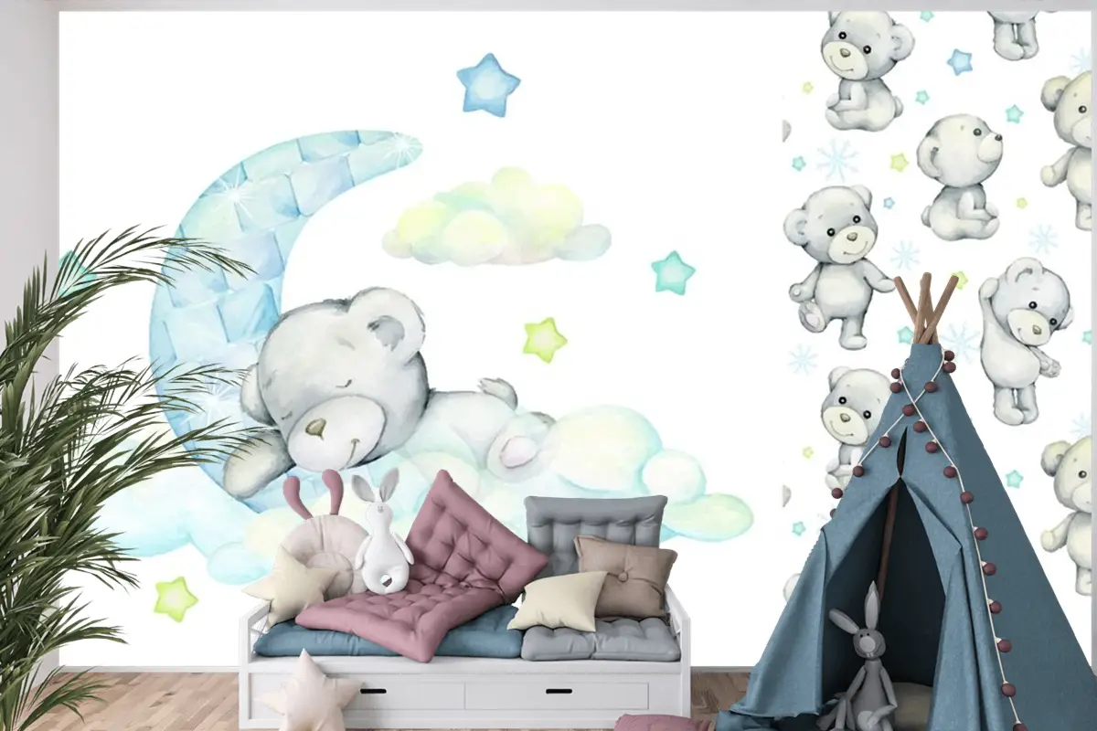 Beyaz Ayı Ay'da ve Bulutlarda Uyur Çocuk Odası Duvar Kağıdı