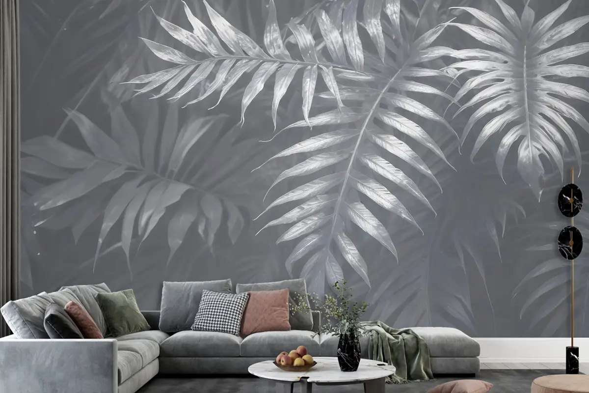 Beyaz Tropikal Yapraklı Duvar Kağıdı 