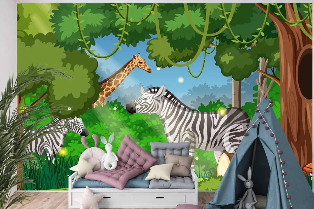 Ormandaki Vahşi Hayvanlar Manzara Çocuk Odası Duvar Kağıdı 