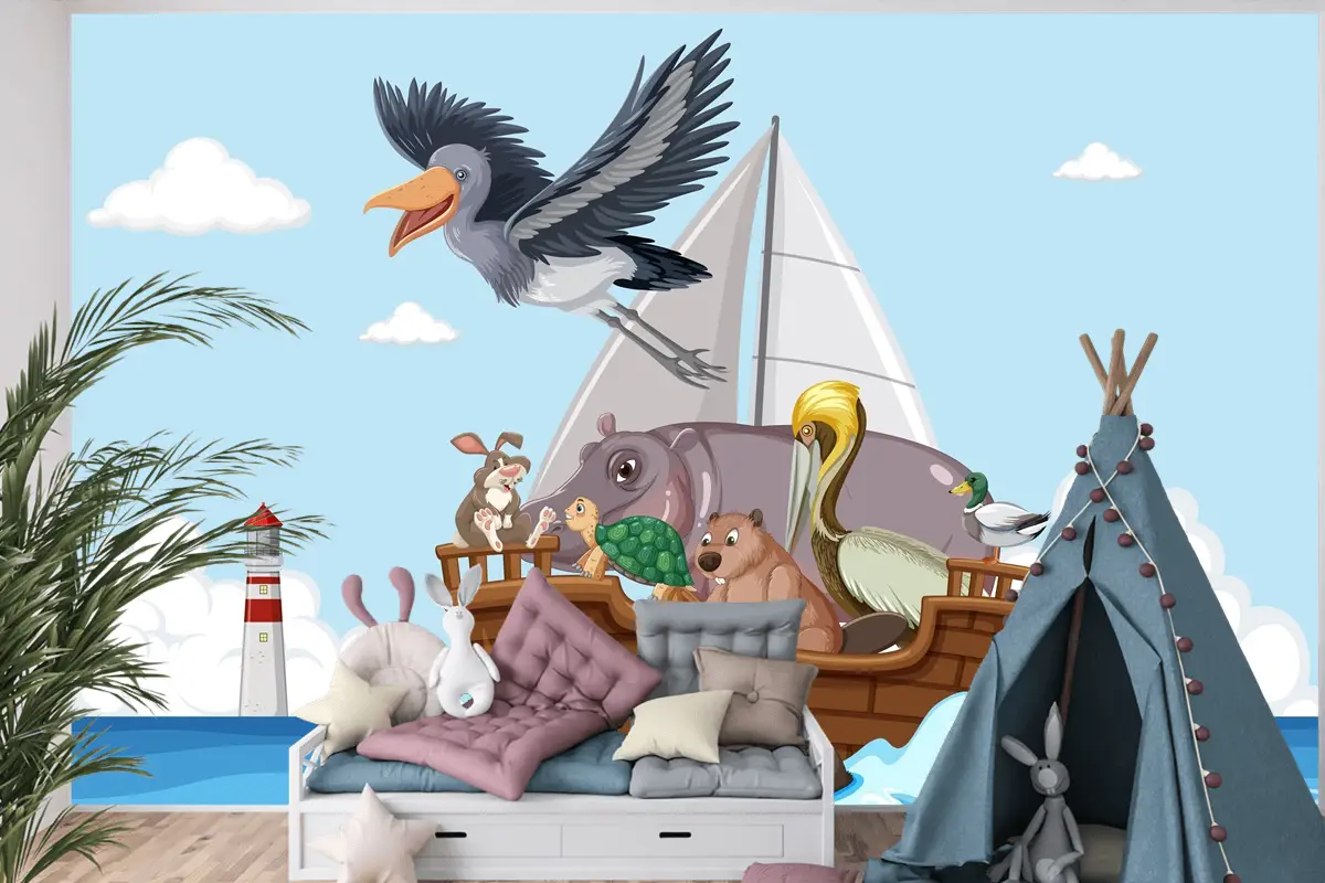 Bir Teknede Vahşi Hayvanlar Çocuk Odası Duvar Kağıdı