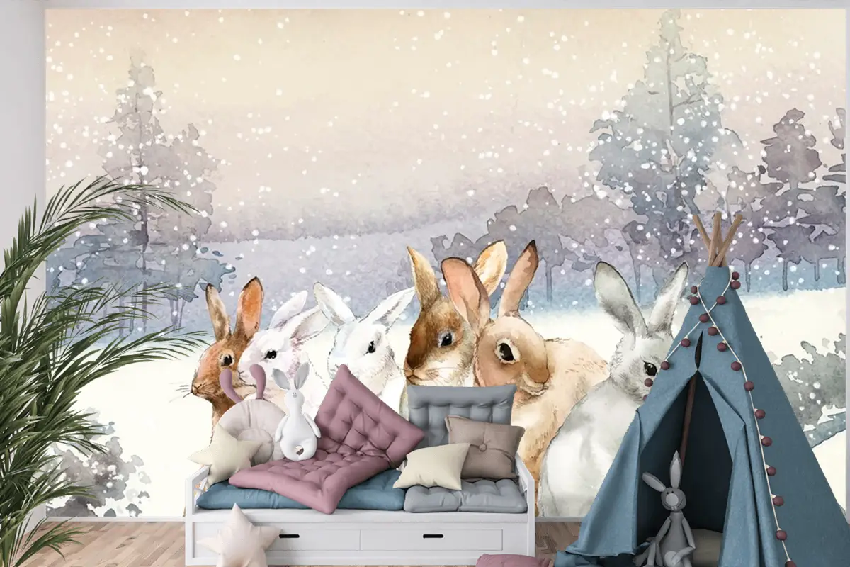 Kışın Karda Vahşi Tavşanlar Suluboya Çocuk Odası Duvar Kağıdı  Ile Boyanmış