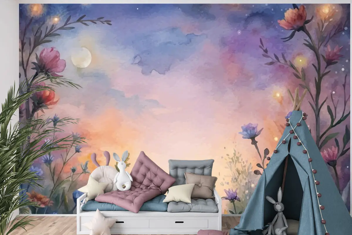 Gün Batımında Kır Çiçeği Suluboya Arka Plan Çocuk Odası Duvar Kağıdı