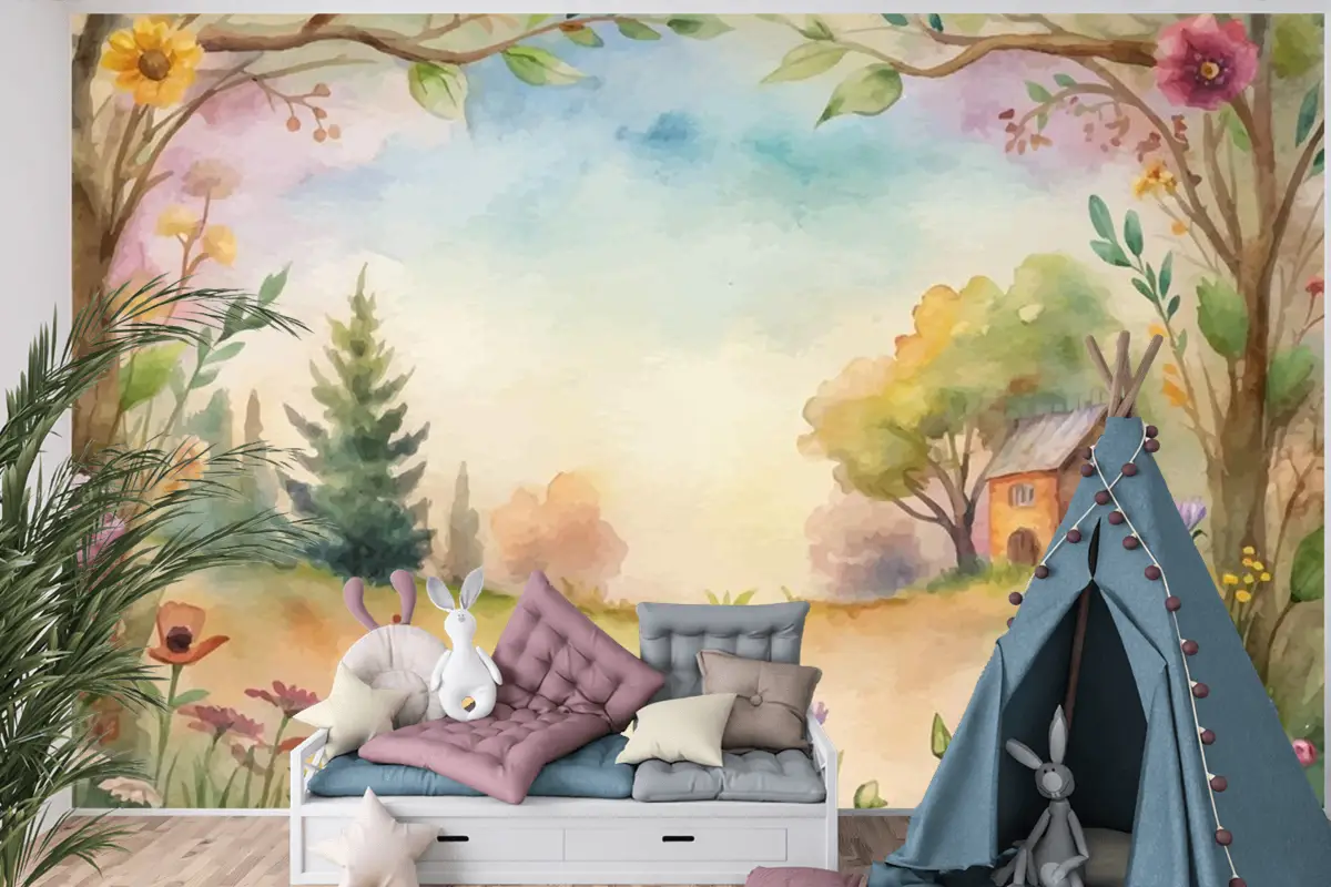 Kırsal Çocuk Odası Duvar Kağıdı Duvarında Kır Çiçeği Suluboya Arkaplan