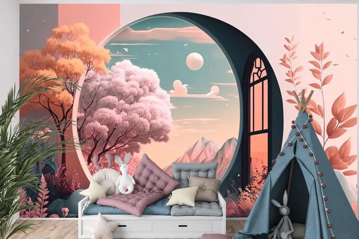 Manzara Manzaralı Pencere Çocuk Odası Duvar Kağıdı 